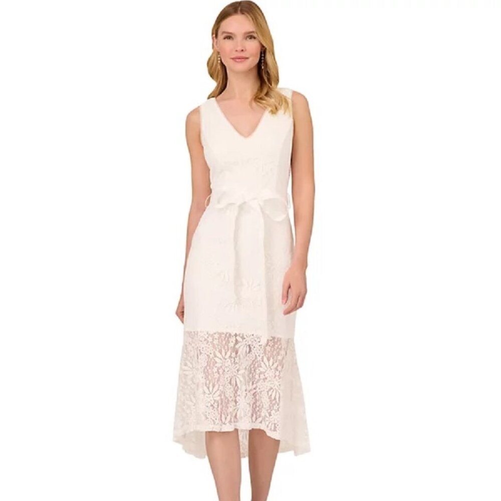 Adrianna Papell Women's Lace Flounce Midi Dress Ivory Size 14